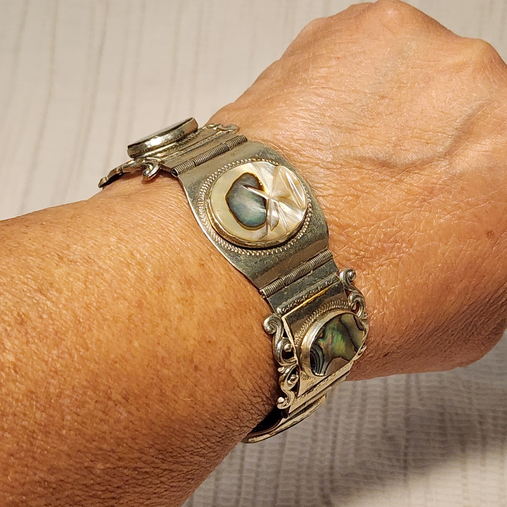 Vintage Taxco Sterling Silver 925 Abalone Panel Bracelet Mexico 7" Ornate